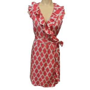 Kate Spade Dress Aubrey Size 4 Silk‎ Ruffle Wrap Coral Pink Turquoise Sleeveless